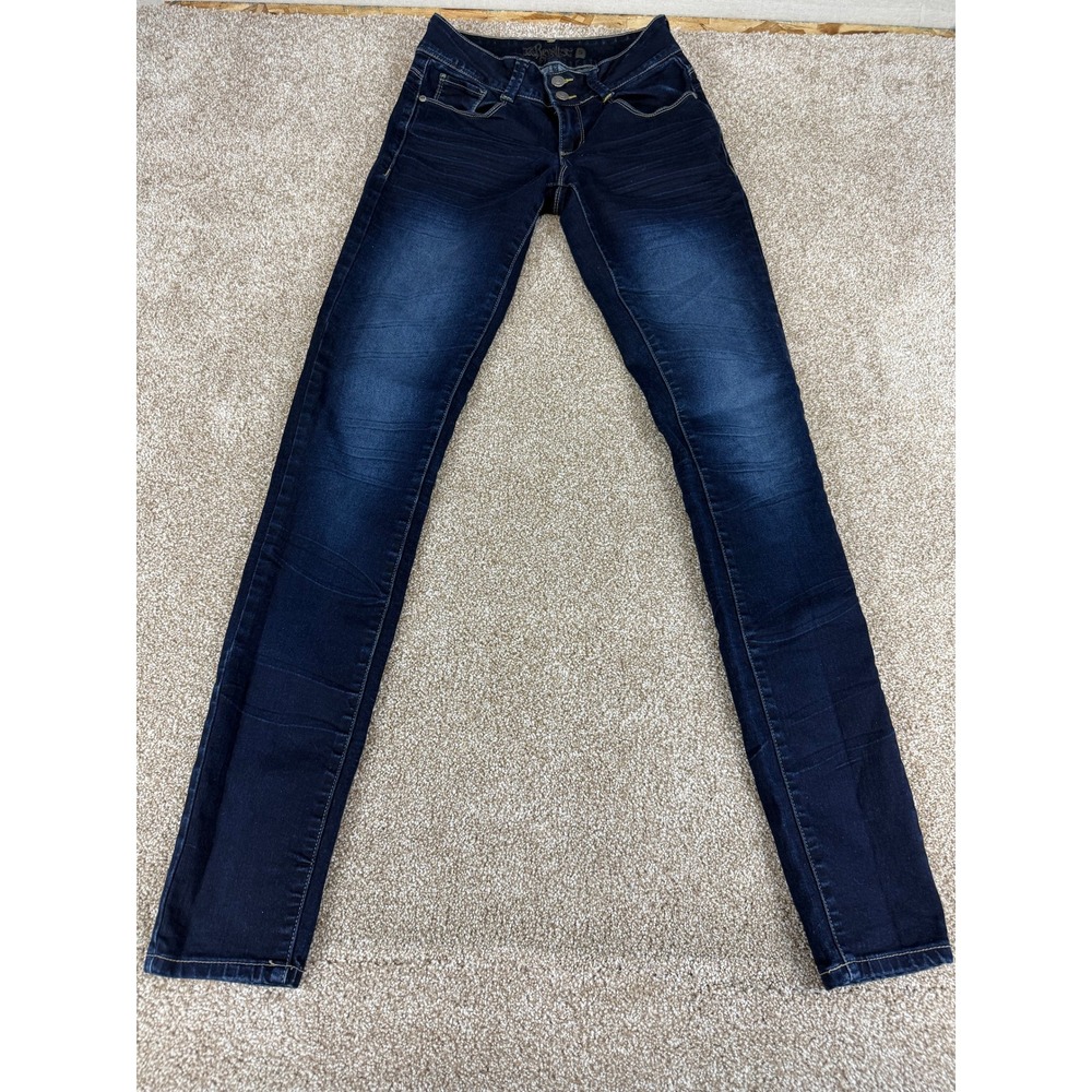 Revolt Womens Low Rise Skinny Jeans Dark Wash Whiskered Stretch 5 Y2K Streetwear